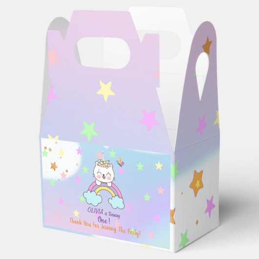 虹の星の上のかわいい一角猫1歳の誕生日 フェイバーボックス (オープン)