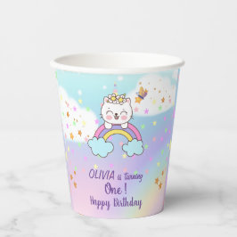 虹の星の上のかわいい一角猫1歳の誕生日 紙コップ