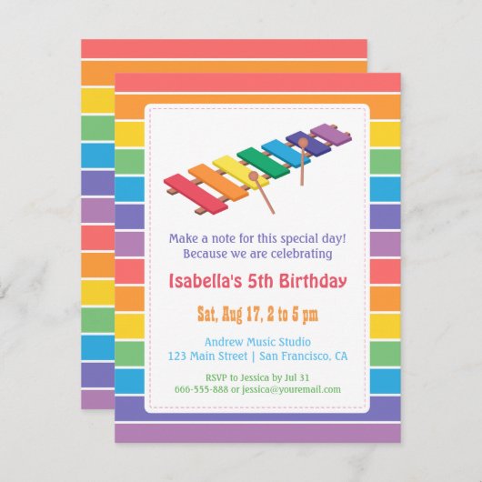 虹の木琴は音楽テーマの誕生会をからかいます 招待状 (正面/裏面)