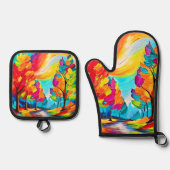 虹の木：鮮やかな森 鍋つかみ&鍋敷きセット (正面)