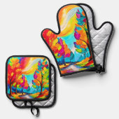 虹の木：鮮やかな森 鍋つかみ&鍋敷きセット (正面/裏面)