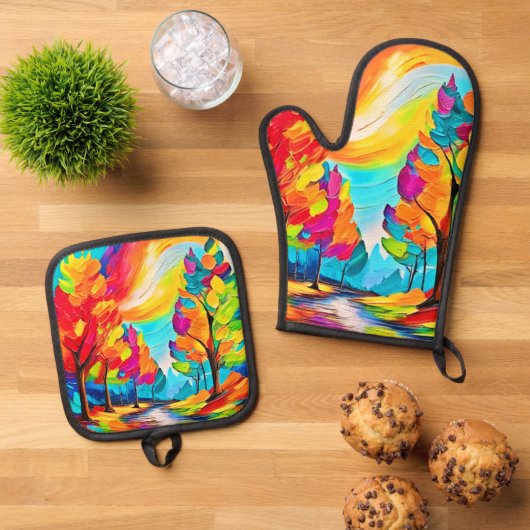 虹の木：鮮やかな森 鍋つかみ&鍋敷きセット (トップダウン)