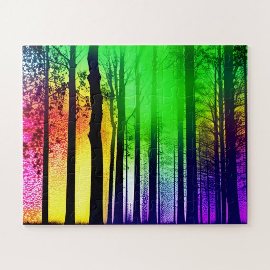 虹の森の魅惑的な黒い木のシルエット ジグソーパズル (横)