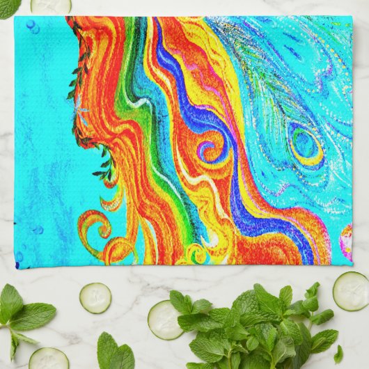 虹の毛の人魚の台所タオル キッチンタオル (折り畳み)