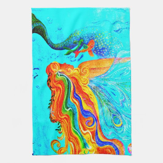 虹の毛の人魚の台所タオル キッチンタオル (縦)