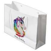 虹の毛を搭載する水彩画のユニコーン ラージペーパーバッグ (正面アングル)
