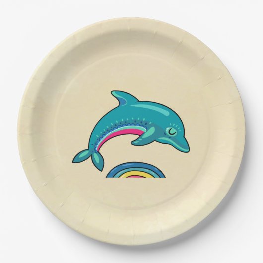 虹の水の上に湾曲したアクアグリーンドルフィン ペーパープレート (正面)