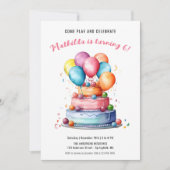 虹の水彩ケーキ&風船 女の子の誕生日 招待状 (正面)