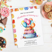 虹の水彩ケーキ&風船 女の子の誕生日 招待状