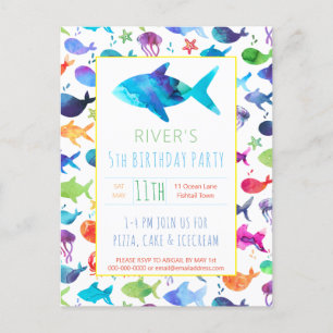 虹の水彩魚ザシーズ誕生日 インビテーションポストカード