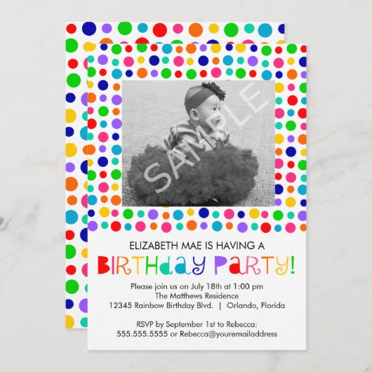 虹の水玉模様の誕生日のパーティの招待状 招待状 (正面/裏面)