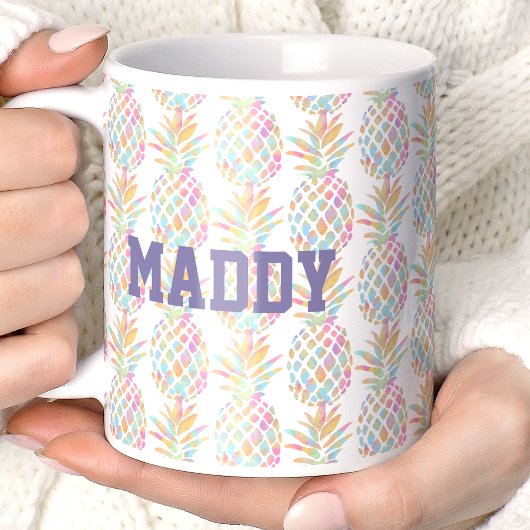 虹の水色パイナップルトロピカルモノグラムの コーヒーマグカップ
