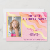 虹の波と星のピンクの女の子の写真誕生日パーティー 招待状 (正面)