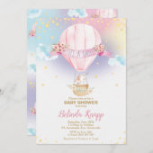 虹の熱気の気球の女の赤ちゃんのシャワー象 招待状 (正面/裏面)