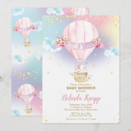虹の熱気の気球の女の赤ちゃんのシャワー象 招待状