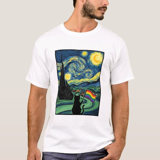 虹の猫の夜の風景ベクターTシャツデザイン_1 Tシャツ (正面)