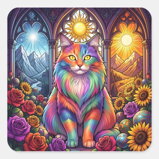 虹の猫ステッカー スクエアシール (正面)