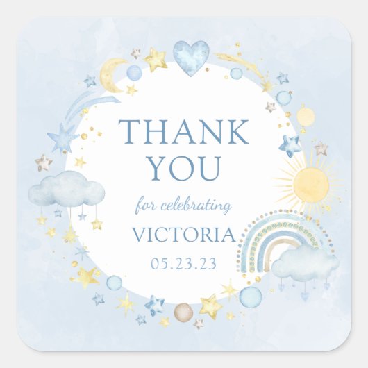 虹の男の子のバースデーシャワー ウォーターカラー スクエアシール (正面)