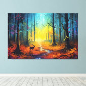 虹の秋の森の中の鹿 キャンバスプリント (インサイチュ (ウッドフロア))