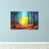 虹の秋の森の中の鹿 キャンバスプリント (インサイチュ (ウッドフロア))