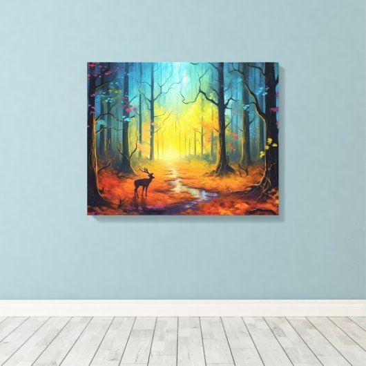 虹の秋の森の中の鹿 キャンバスプリント (インサイチュ (ウッドフロア))
