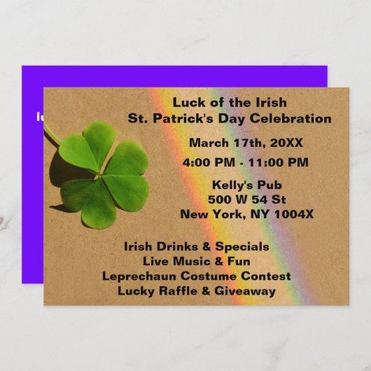 虹の紫と緑のクローバーを飲むアイルランドの祝い 招待状 (正面/裏面)