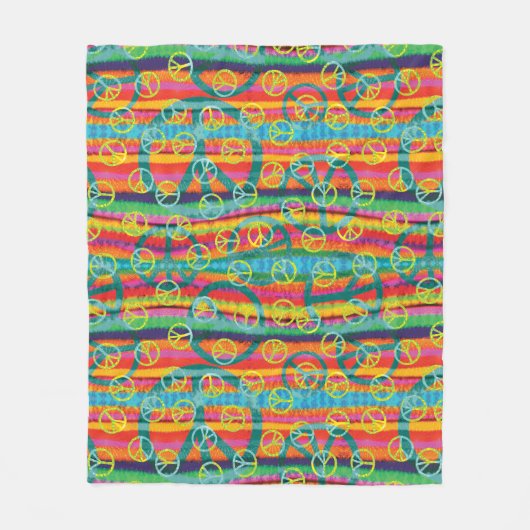 虹の絞り染めのピースサインは縞で飾ります フリースブランケット (正面)