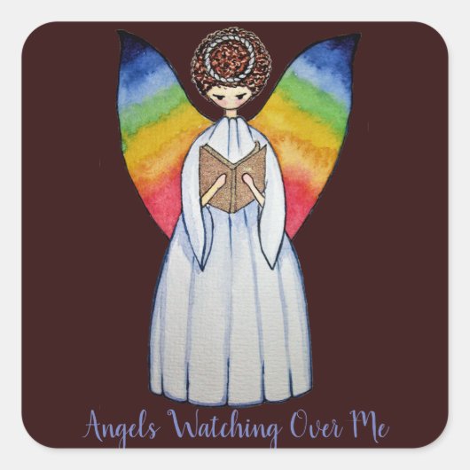 虹の翼の水彩天使読の本 スクエアシール (正面)