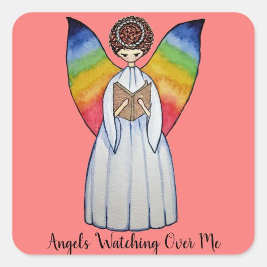 虹の翼の水彩天使読の本 スクエアシール (正面)