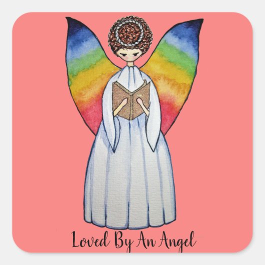 虹の翼の水彩天使読の本 スクエアシール (正面)