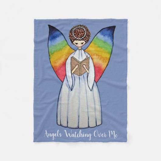 虹の翼の水彩天使読の本 フリースブランケット (正面)