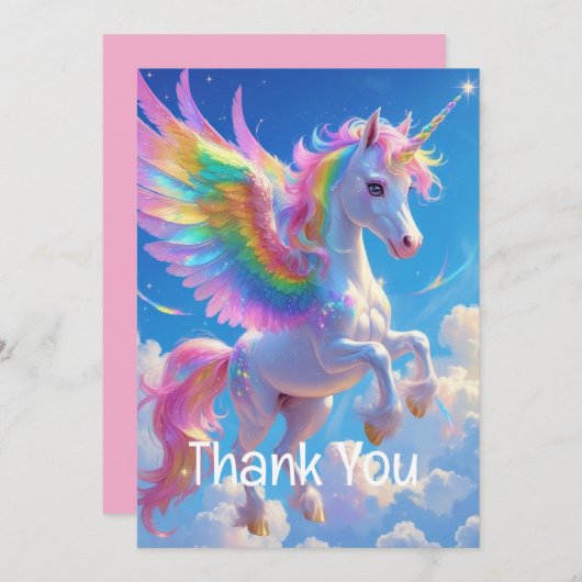 虹の翼を持つ跳ねるユニコーン サンキューカード (正面/裏面)