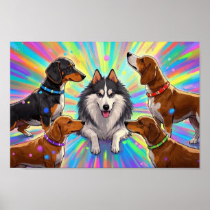 虹の背景の子犬たち ポスター