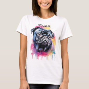 虹の背景を持つ美しい黒いパグ顔 Tシャツ