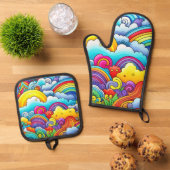 虹の背景 鍋つかみ&鍋敷きセット (トップダウン)