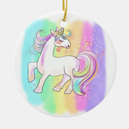 虹の背景Tシャツのピンクのユニコーン セラミックオーナメント