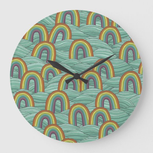 虹の自然:手書きヴィンテージ合成 ラージ壁時計 (正面)