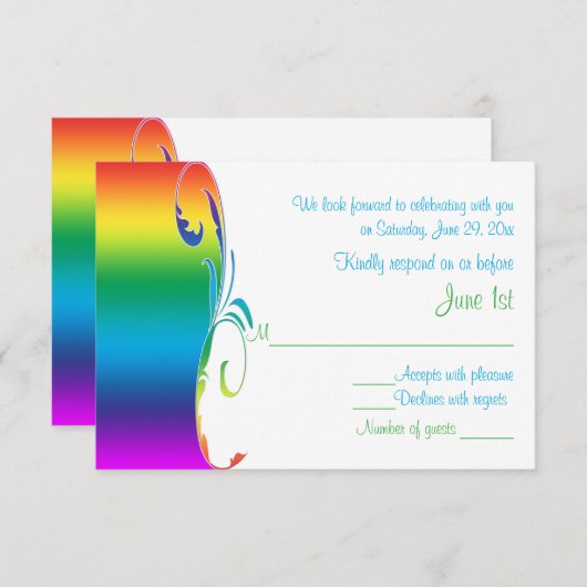 虹の色がスクロールした結婚式の返信カード 出欠カード (正面/裏面)