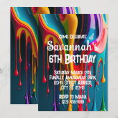 虹の色のペイントがカラフルな誕生日パーティーを彩る 招待状 (正面/裏面)