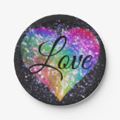 虹の色スパーキンググリッターハートラブパップ ペーパープレート (正面)