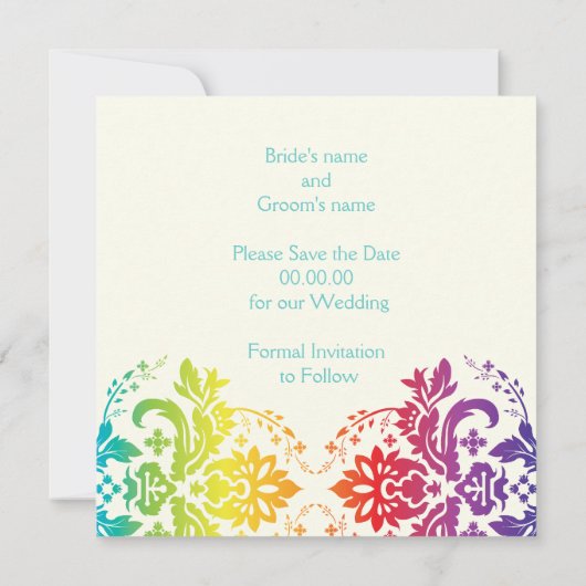 虹の色ダマスク結婚式の日付を保存 セーブザデート (裏面)