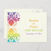 虹の色ダマスク結婚式の日付を保存 案内ポストカード (正面/裏面)