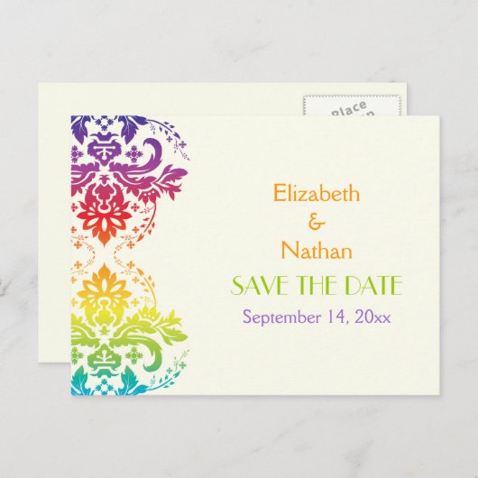 虹の色ダマスク結婚式の日付を保存 案内ポストカード (正面/裏面)