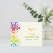 虹の色ダマスク結婚式の日付を保存 案内ポストカード (スタンド正面)
