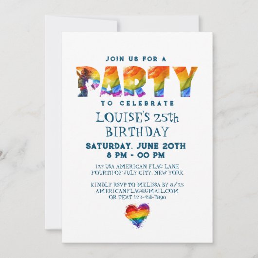 虹の色文字誕生会 招待状 (正面)