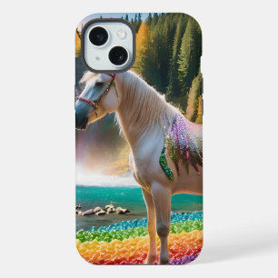 虹の花のユニコーン緑の木滝の湖 iPhone 15 PLUSケース