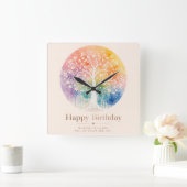 虹の花の木 誕生日おめでとう スクエア壁時計 (ホーム)