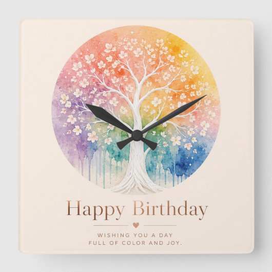 虹の花の木 誕生日おめでとう スクエア壁時計 (正面)