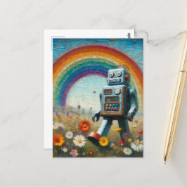 虹の花の草地でロボット ポストカード