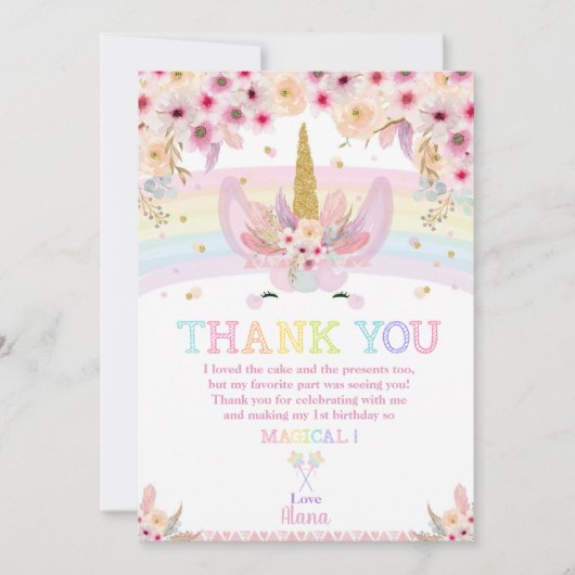 虹の花のBohoのユニコーンの誕生日は感謝していしています 招待状 (正面)